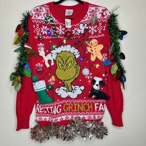 Ugly Christmas Sweater Grinch LIGHTS UP Tacky Tinsel Xmas Party Winner Sz Small